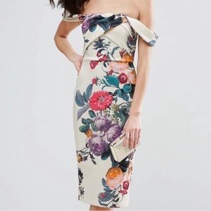 ASOS MIDI Dress Off White Floral folded Bodice Stretchy BodyCon off shoulder 8